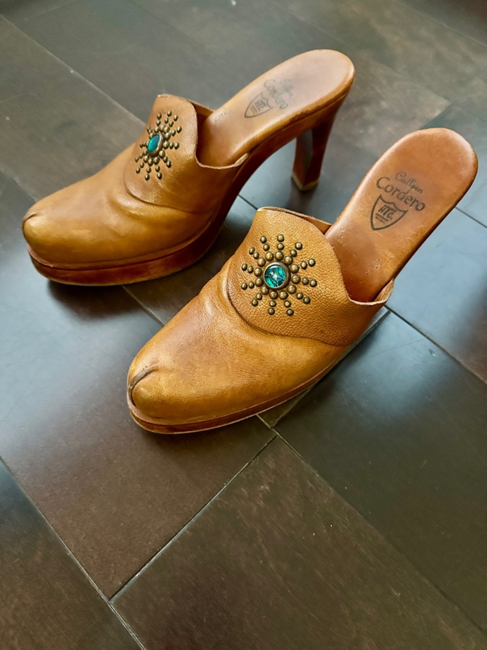 Vintage Calleen Cordero Brown Leather High-Heel Mule with Turquoise Accent
